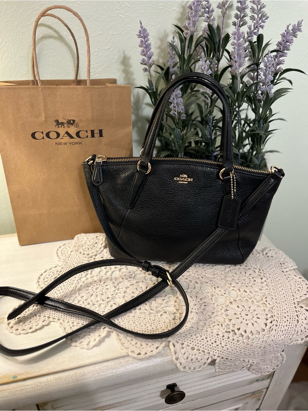Coach Mini Kelsey Satchel Crossbody Black Pebbled Leather Excellent Condition